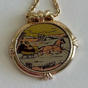 Vintage 80’s Pendant Necklace Avon Country Christmas Horse Sleigh Carriage 1982